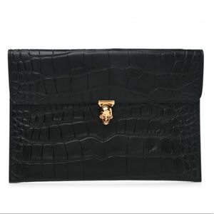 NWOT Alexander Mcqueen Calfskin Crocodile Embossed Skull Envelope Clutch